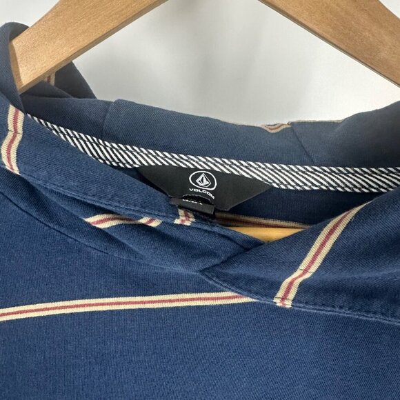 Volcom Mens Navy Striped Hooded Long Sleeve Shirt With Kangaroo Pocket Size L - Picture 5 of 6
